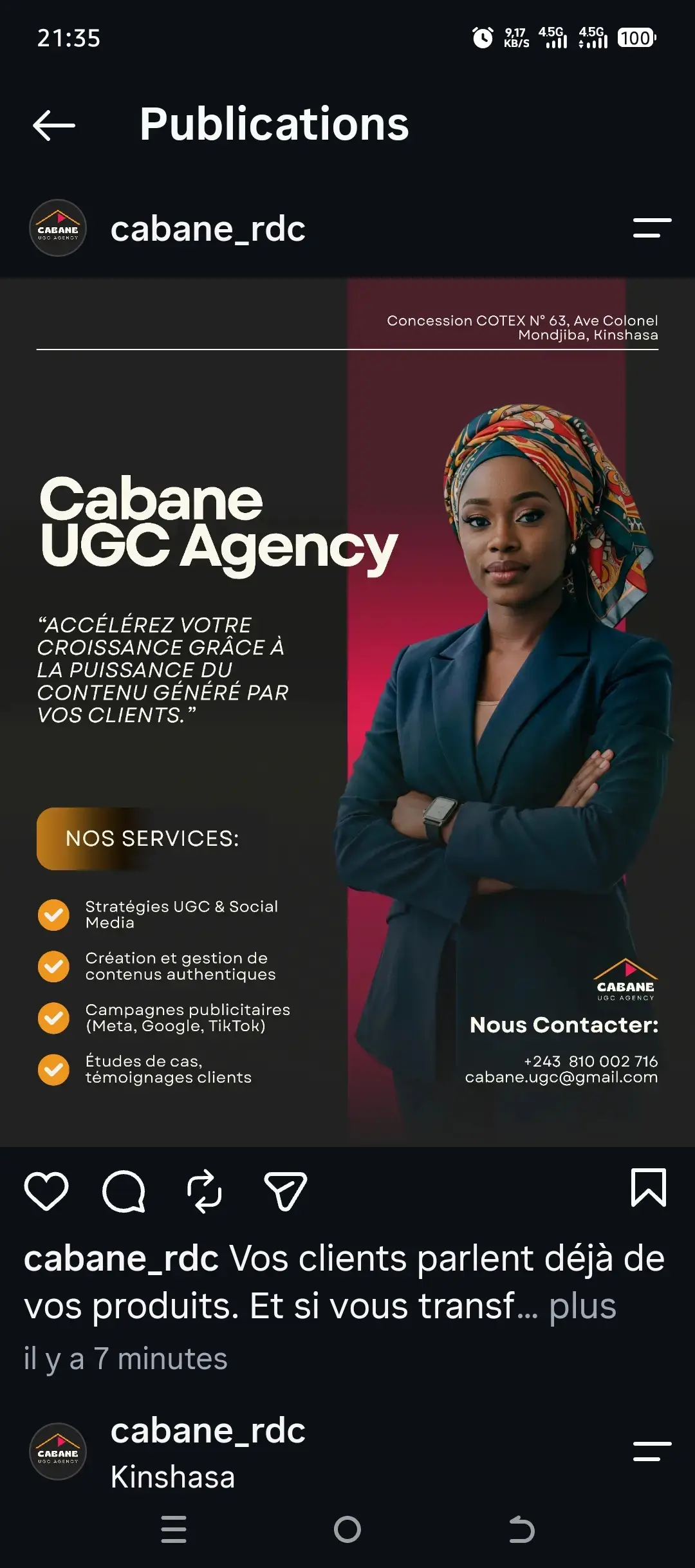 Publication Instagram créée pour présenter les services de Cabane UGC Agency