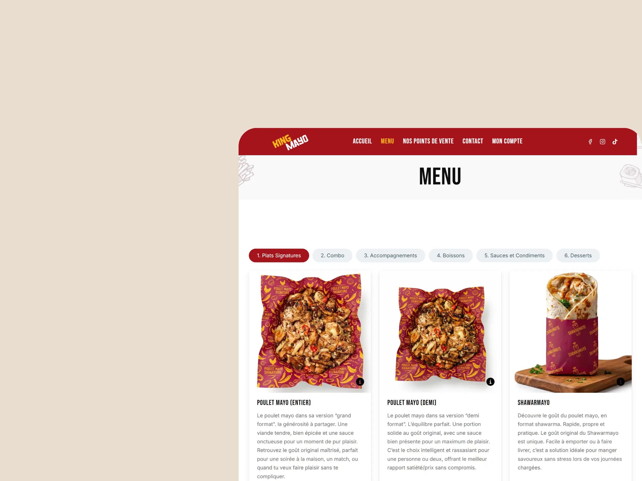 Vue desktop du menu moderne et chaleureux du restaurant King Mayo